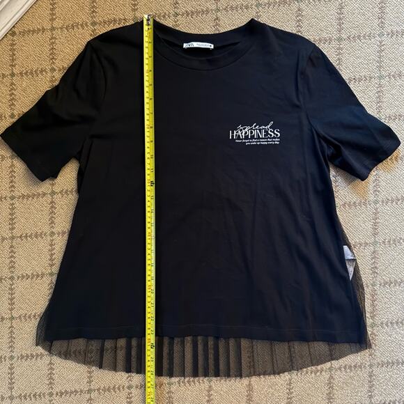 Zara black short sleeve T-shirt w chiffon pleated back and text on front NWOT S - Picture 3 of 12